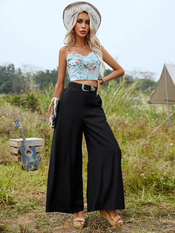 EMERY ROSE Solid Wide Leg Pants Without Belt