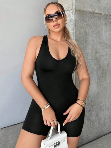 Solid Criss Cross Backless Unitard Romper