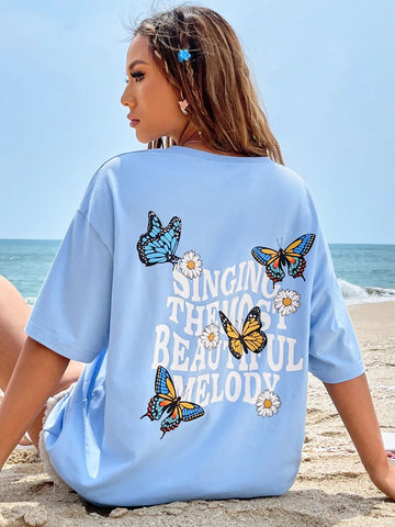 EZwear Butterfly & Slogan Graphic Drop Shoulder Tee