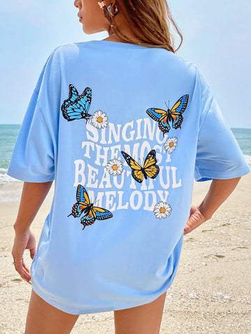 EZwear Butterfly & Slogan Graphic Drop Shoulder Tee