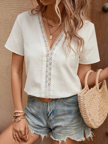 EMERY ROSE Guipure Lace Panel V Neck Blouse