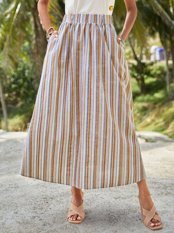 EMERY ROSE Striped Print Slant Pocket A-line Skirt