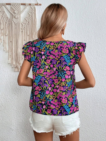 EMERY ROSE Allover Floral Print Ruffle Trim Blouse