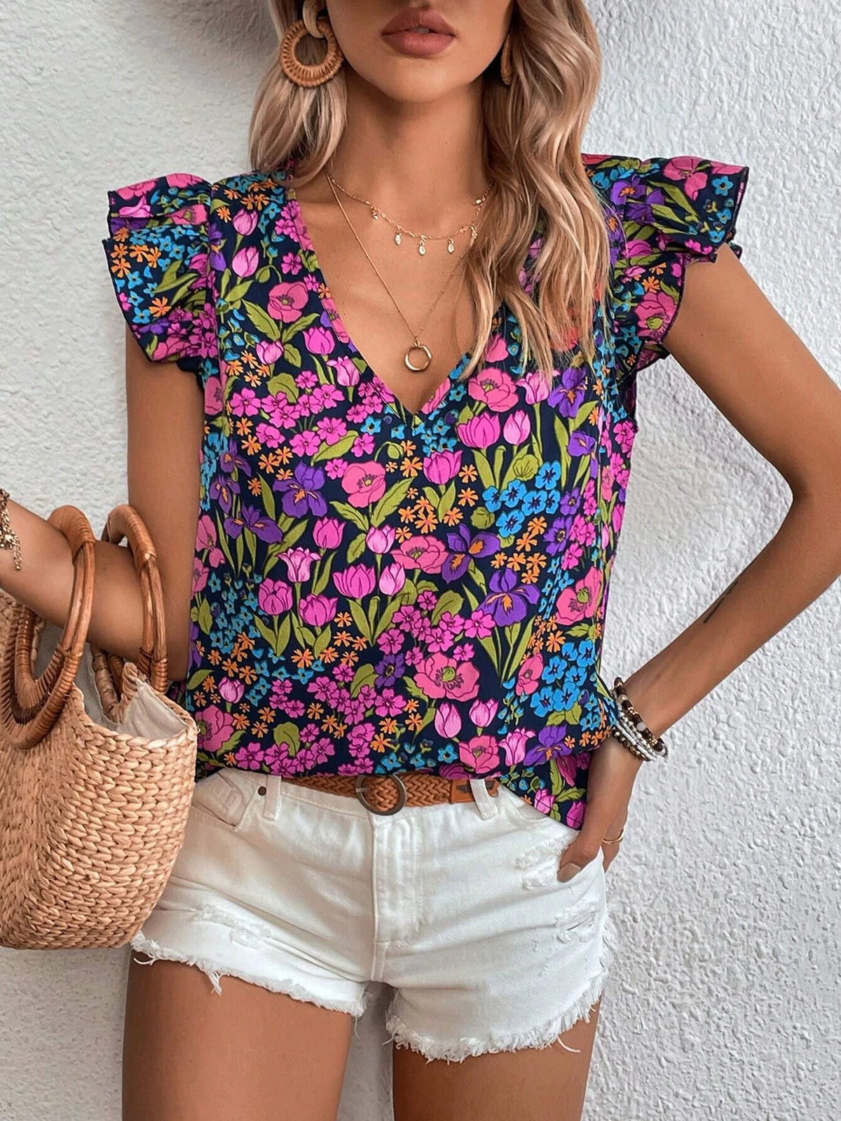 EMERY ROSE Allover Floral Print Ruffle Trim Blouse