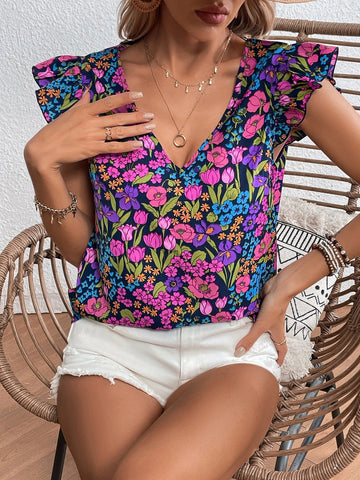 EMERY ROSE Allover Floral Print Ruffle Trim Blouse