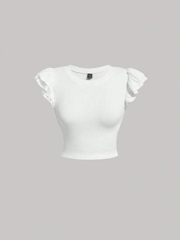MOD Solid Ruffle Trim Crop Tee