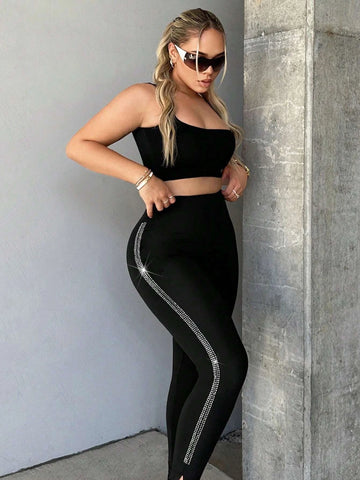 SXY Rhinestone Side Seam Split Hem Leggings