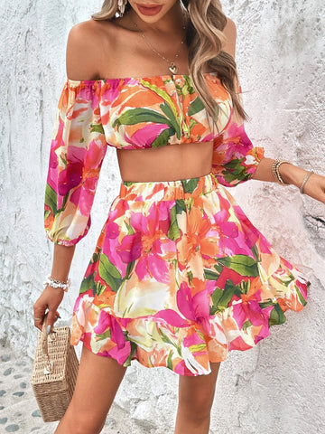 Floral Print Off Shoulder Crop Top & Ruffle Hem Skirt