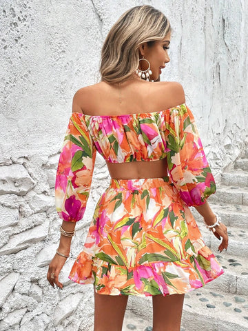 Floral Print Off Shoulder Crop Top & Ruffle Hem Skirt