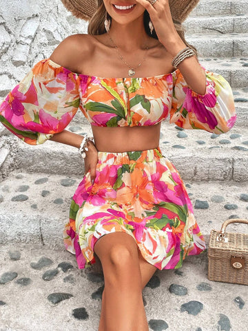 Floral Print Off Shoulder Crop Top & Ruffle Hem Skirt