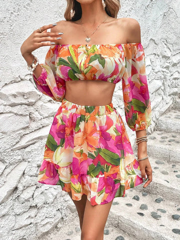 Floral Print Off Shoulder Crop Top & Ruffle Hem Skirt