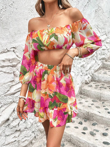 Floral Print Off Shoulder Crop Top & Ruffle Hem Skirt