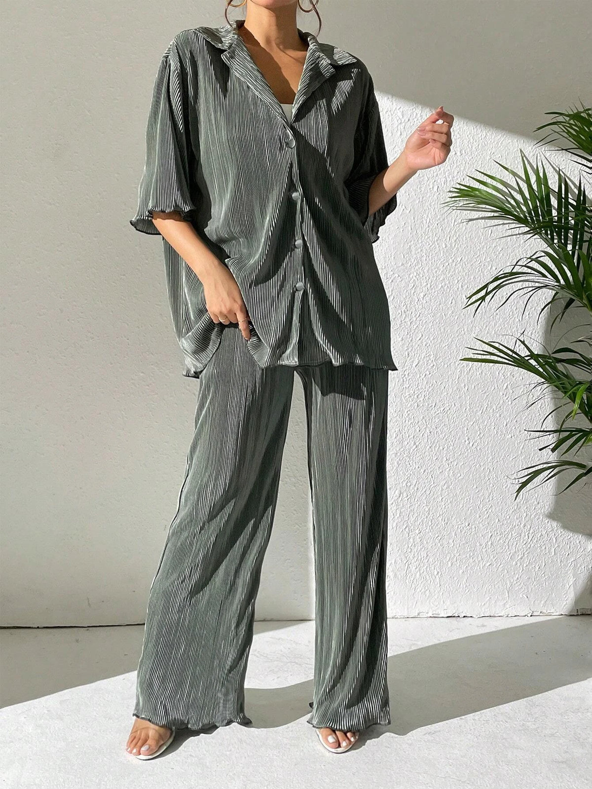 Drop Shoulder Lettuce Trim Shirt & Wide Leg Pants
