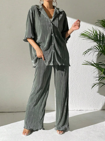 Drop Shoulder Lettuce Trim Shirt & Wide Leg Pants