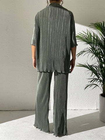 Drop Shoulder Lettuce Trim Shirt & Wide Leg Pants