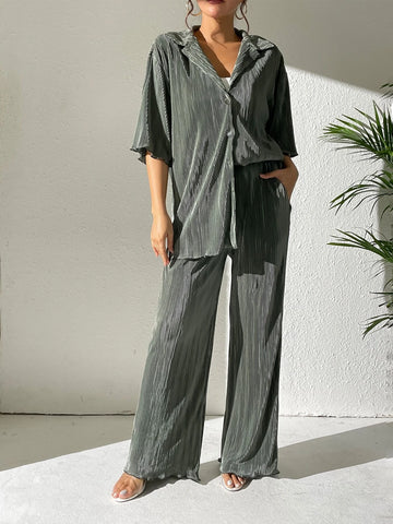 Drop Shoulder Lettuce Trim Shirt & Wide Leg Pants