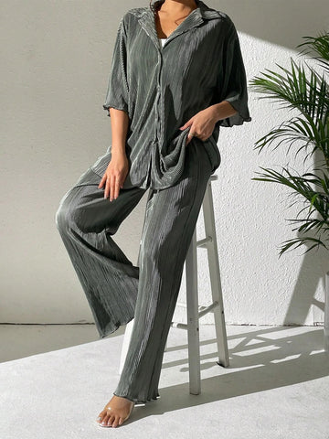 Drop Shoulder Lettuce Trim Shirt & Wide Leg Pants
