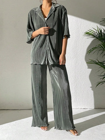 Drop Shoulder Lettuce Trim Shirt & Wide Leg Pants