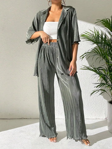 Drop Shoulder Lettuce Trim Shirt & Wide Leg Pants