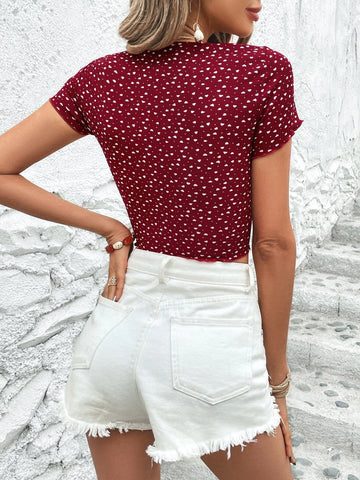 Unity Polka Dot & Heart Print Knot Front Lettuce Trim Crop Tee