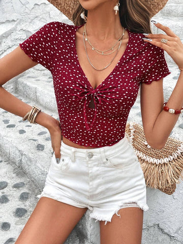 Unity Polka Dot & Heart Print Knot Front Lettuce Trim Crop Tee