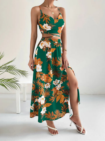 Tropical Print Cami Top & Split Thigh Skirt