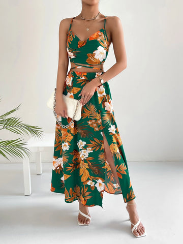 Tropical Print Cami Top & Split Thigh Skirt