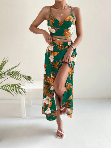 Tropical Print Cami Top & Split Thigh Skirt