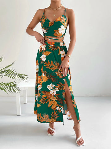 Tropical Print Cami Top & Split Thigh Skirt