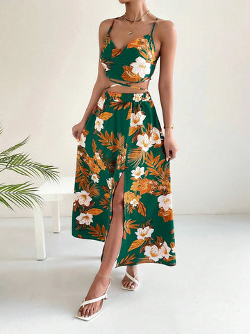 Tropical Print Cami Top & Split Thigh Skirt