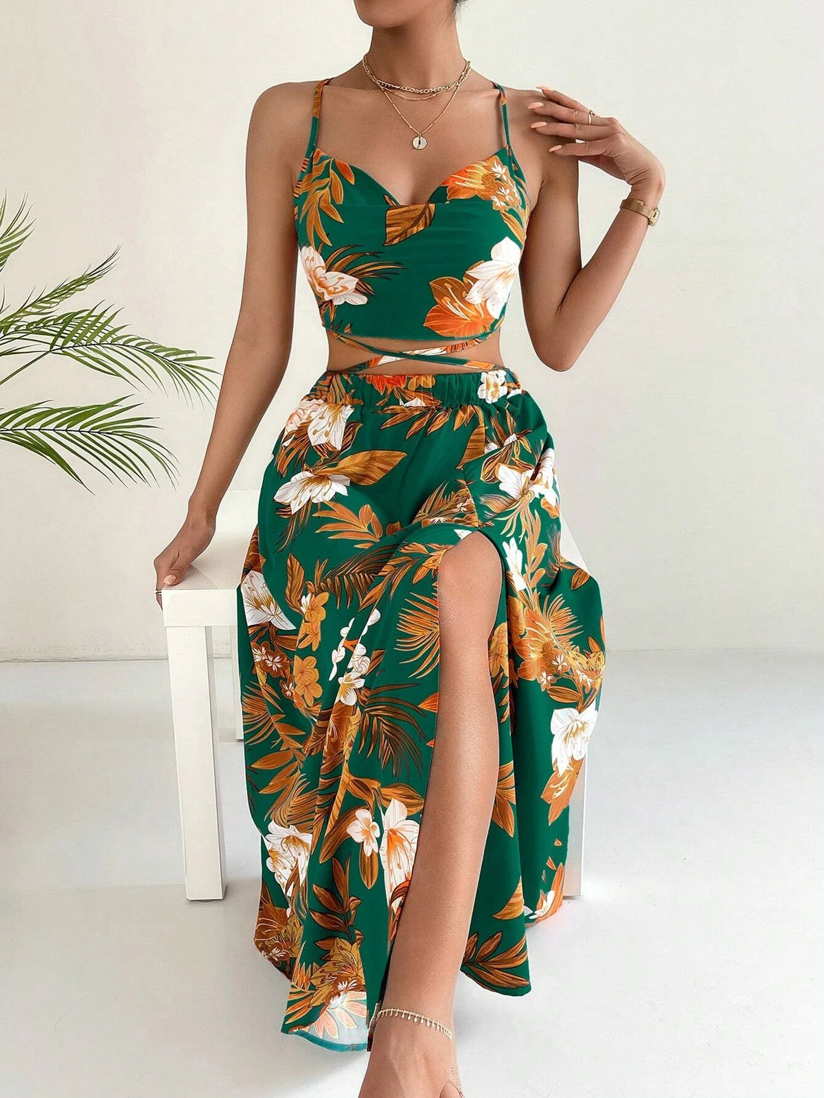 Tropical Print Cami Top & Split Thigh Skirt