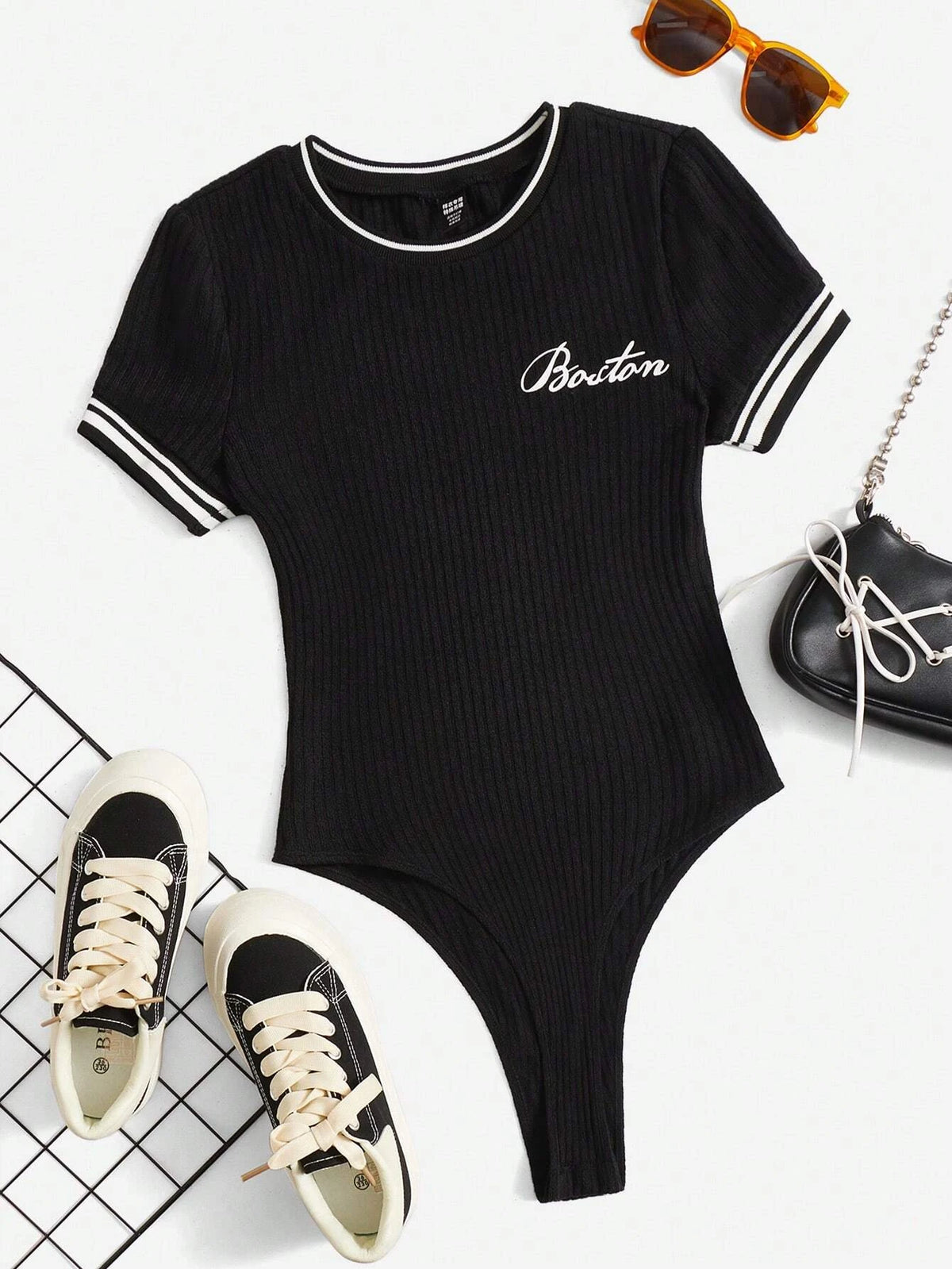 Letter Graphic Striped Trim Tee Bodysuit