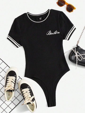Letter Graphic Striped Trim Tee Bodysuit