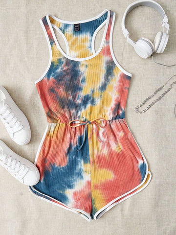 Tie Dye Contrast Binding Knot Front Tank Romper