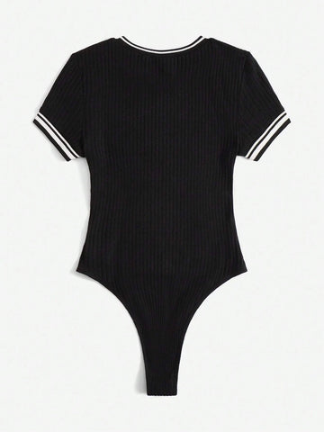 Letter Graphic Striped Trim Tee Bodysuit