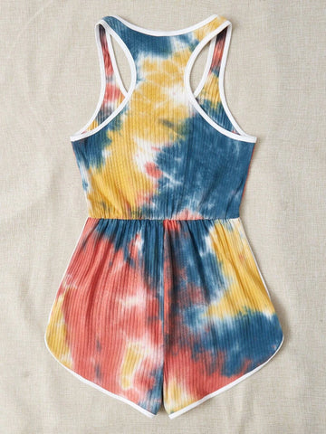 Tie Dye Contrast Binding Knot Front Tank Romper