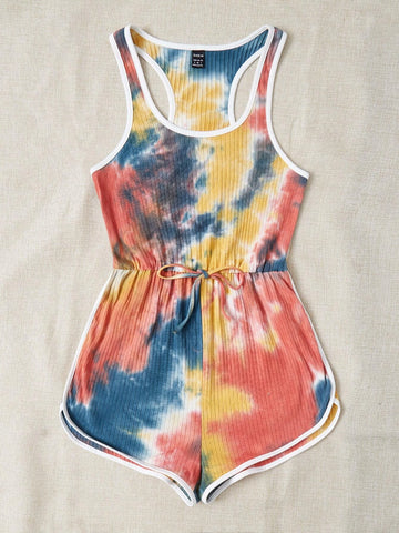 Tie Dye Contrast Binding Knot Front Tank Romper