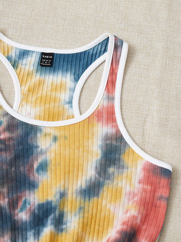 Tie Dye Contrast Binding Knot Front Tank Romper