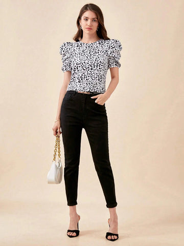 Leopard Print Puff Sleeve Top