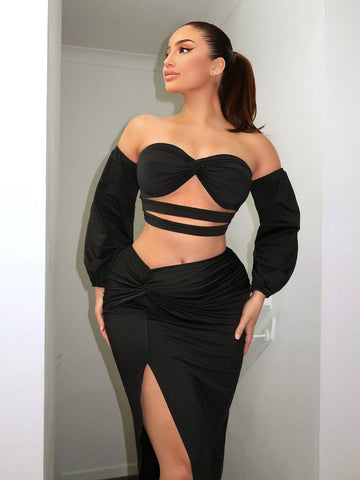 Off Shoulder Crop Top & Split Thigh Skirt