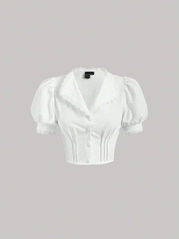 MOD Puff Sleeve Lace Trim Crop Shirt