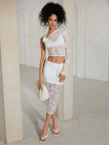 Asymmetrical Neck Crop Lace Top & Drawstring Waist Skirt Without Bra
