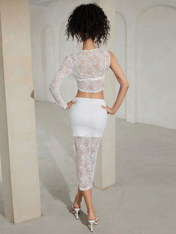 Asymmetrical Neck Crop Lace Top & Drawstring Waist Skirt Without Bra