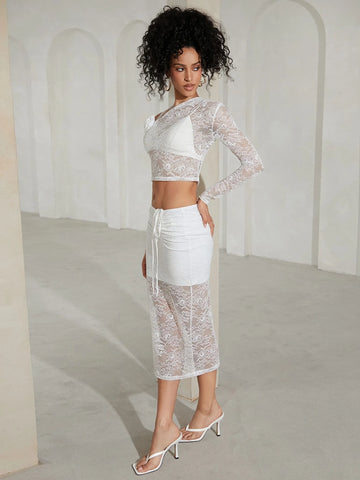 Asymmetrical Neck Crop Lace Top & Drawstring Waist Skirt Without Bra