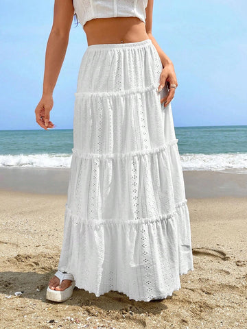 EZwear Eyelet Embroidery Ruffle Hem Skirt