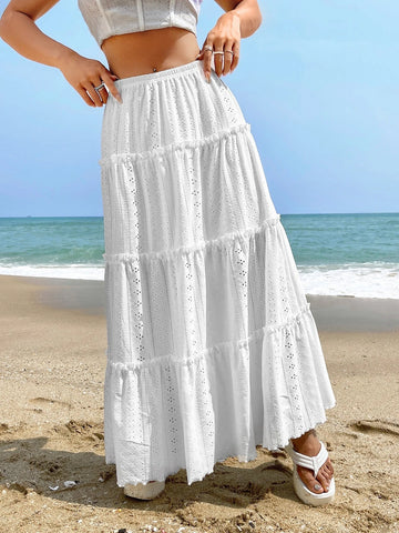 EZwear Eyelet Embroidery Ruffle Hem Skirt