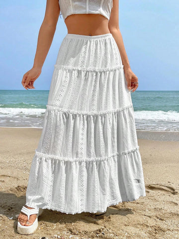 EZwear Eyelet Embroidery Ruffle Hem Skirt