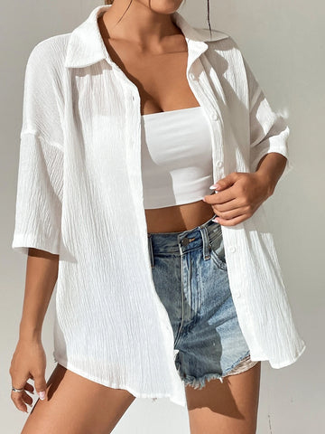 EZwear Solid Drop Shoulder Button Front Shirt