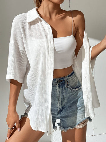 EZwear Solid Drop Shoulder Button Front Shirt