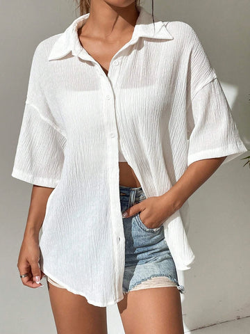 EZwear Solid Drop Shoulder Button Front Shirt